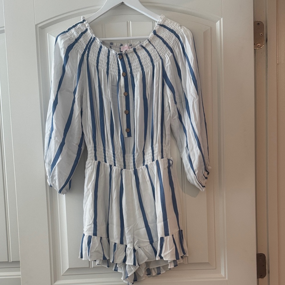 Blue and White Striped Off-Shoulder Romper